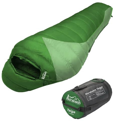 Norskskin Leichter Schlafsack 4 Jahreszeiten 0°C bis -23°C - Mumienschlafsack extra lang (230 x 82 cm) - wasserabweisender Schlafsack Outdoor mit Kopfkissenfach (rechts)