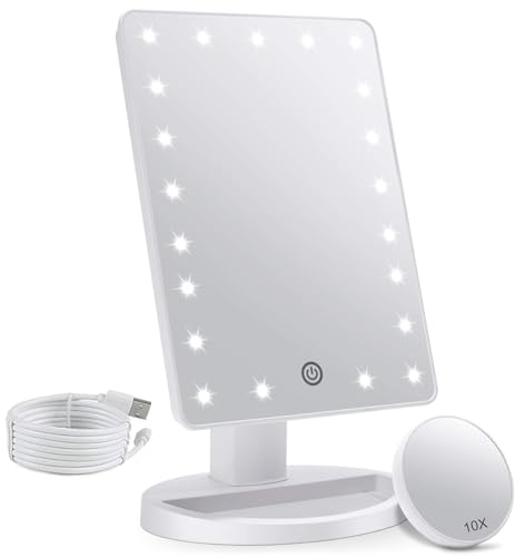 FASCINATE Makeup Vanity Mirror with Lights and Detachable 10X Magnification, 21 Led Lights Adjustable Dimming Touch Sensor, Dual Power Supply, 180° Rotation, Portable Cosmetic Mirror(White)