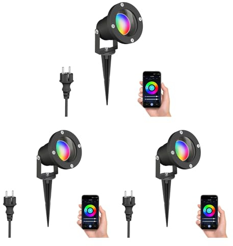 ledscom.de 3x LED Gartenstrahler DUK schwarz Erdspieß für außen, Aluminium, IP65, inkl. Smart Home RGBW GU10 LED Lampe, 5,41W, 473lm