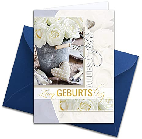 NEUSER PAPIER 1 Stück - XXL Glückwunschkarte zum Geburtstag, DIN A4 - große Geburtstagskarte - Set mit großem Umschlag DIN C4 - weiße Rosen
