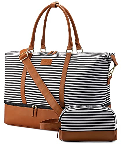 Sucipi Reisetasche Damen, Weekender Groß Canvas PU-Leder Handgepäck Kliniktasche (XL 53 x 37 x 23 cm) mit Schuhfach mit Kulturtasche