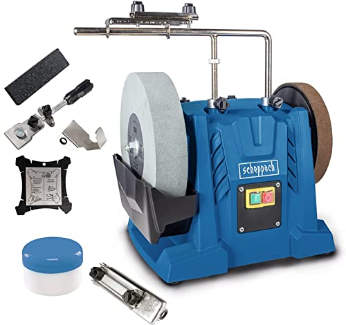 Scheppach Nass-Schleifsystem Tiger 7000s inkl. Homekit | Schleifmaschine 200W Induktionsmotor Schleifstein 250 x 50 mm 220k | Vorrichtung 40/60/70 | Abziehpaste | Steinpräparierer | Winkellehre