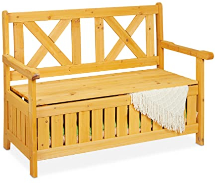 Relaxdays Panchina da Giardino, 2 Persone, Scomparto per Cuscini e Coperte, Legno d'Abete, HxLxP 85x115x60 cm, Naturale, 1 pz