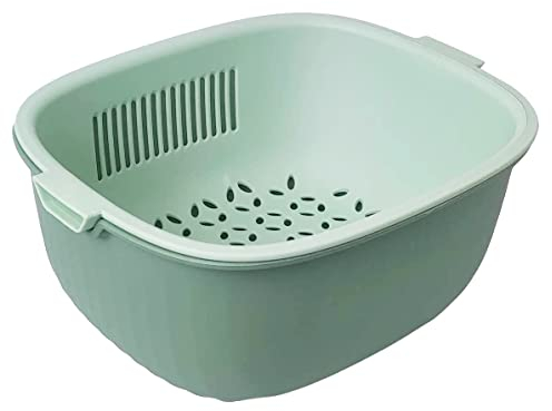 Youka Küchensieb-Abflusskorb, 2-in-1-Sieb-Schüssel-Set, PP-Kunststoff, BPA-frei, doppellagig, abnehmbar, zum Waschen von Gemüse und Obst (Rectangular, Green)