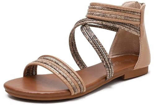 Sandali Piatti da Donna Gladiatore Moda Cerniera Romani Sandaletti Bohemien Spiaggia Punta Aperta Estivi Scarpe Vacanza Casual (37,Beige)