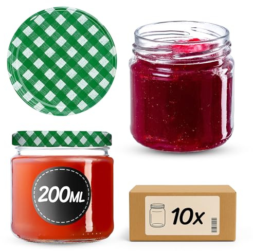 KADAX Set di 10 barattoli in vetro 200ml Ø66 Quadri Verdi – tappo a vite ermetico, lavabili in lavastoviglie, per marmellate, miele, conserve e spezie