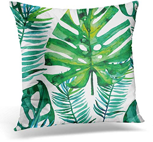 Kissenbezug, 45 x 45 cm, Muster, Aquarell, Grün, tropische Blätter, Monstera-Blatt, Palme, Aloha, Heimdekoration, Kissenbezug, quadratischer Kissenbezug für Bett, Sofa