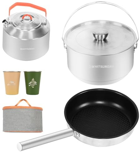 Whitsunday Set di pentole da esterno in acciaio inox, set di stoviglie da campeggio con zaino in spalla, pentole impilabili, padelle, bollitore, tazze con borsa portatile per campeggio, camper, falò