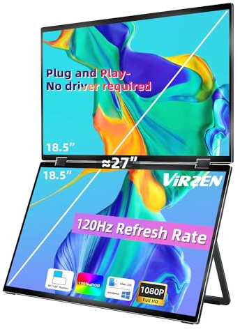 Virzen Extensor de pantalla triple de 120 Hz de 18.5 pulgadas, monitor portátil FHD 1080P, plegable, apilado, monitor de viaje, rotación automática para Windows, Mac OS, soporte VESA montable (VE01)