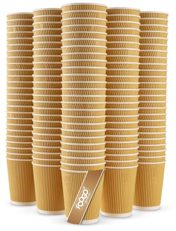FOOGO Green 100pcs 8oz Disposable Strong Triple-Wall Brown Paper Coffee Cups, FSC® Certified, Fully Compostable, for Hot Drinks, Heat-Resistant Ripple Design, Takeaway Coffee Cups, Party