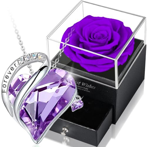 Ewige Rose Box mit Herz Halskette, Upgrade Geschenke für Frauen mit 4 Konservierte Ewige Echte Rosen & Herz Halskette aus 925 Sterlingsilber Schmuck Rosenbox für Geburtstag Valentinstag (Lila)