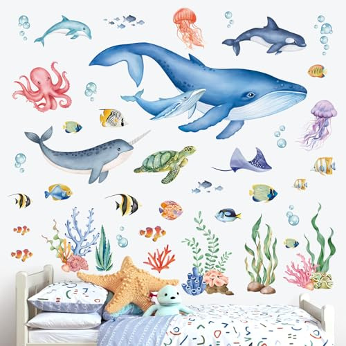 wondever Wandtattoo Unter dem Meer Fische Wandsticker Wale Meerestiere | Abziehen und Aufkleben, Abziehbar, Wandaufkleber Selbstklebend für Kinderzimmer Babyzimmer Schlafzimmer Wanddeko