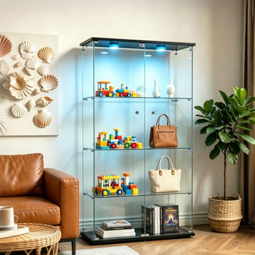 BPKADHY Glasvitrine mit Led Beleuchtung, Glas vitrinenschrank mit 2 Tür und 4 Lagen Sammlervitrine Glasvitrine Standvitrine für Wohnzimmer Büro Sammlerstücke (2 Tür, 4 Etagen-LED, Schwarz)