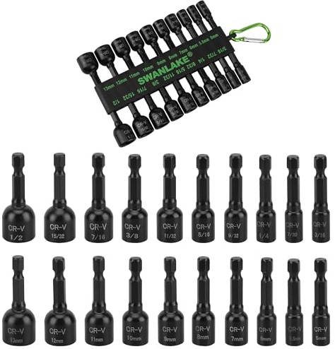 Juego de 20 destornilladores de tuerca magnéticos, vástago hexagonal métrico y SAE de 1/4 pulgadas, juego de llaves de taladro, juego de brocas de destornillador de impacto, soporte magnético para