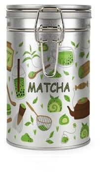 Purely Home Boîte de rangement à matcha – Cadeau vert pour les amateurs de thé – Couvercle à clip en métal argenté 600 ml (14 cm x 8,5 cm)