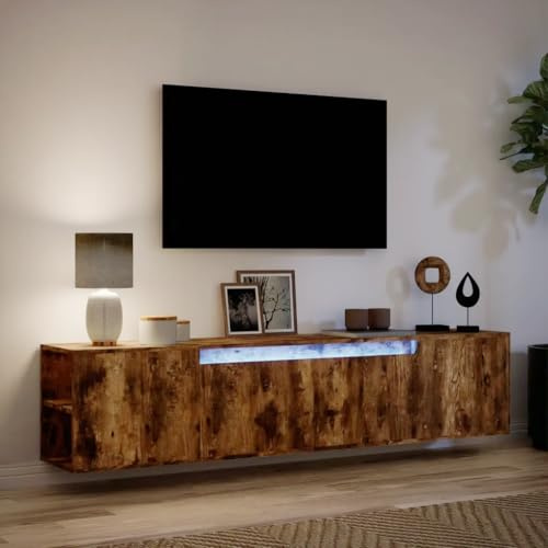 Canditree Meuble TV Suspendu avec Lumière LED, 180cm étagère TV Murale avec Rangement Meuble TV Flottant avec 2 Portes (chêne fumé)