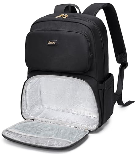 LABOMO Lunch Backpack for Women Men 16 Inch Laptop Backpack with Leak Proof Picnic Big Traveling Meal Prep bags for Daily, Black, M