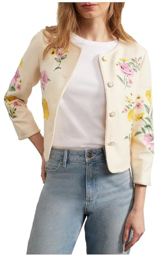 Women's Embroidered Floral Tweed Jacket Cropped Collarless Lightweight Open Front Elegant Jackets, Beige, S
