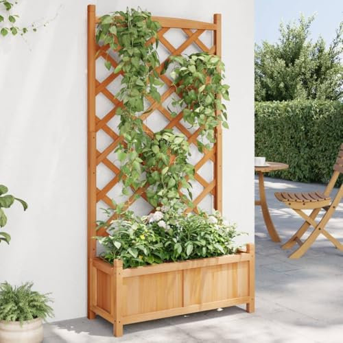 Maceta con enrejado de madera maciza marrón para césped y jardín, jardinería, macetas y jardineras