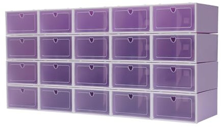 HOARLICN 20 PCS Schuhkartons, Transparente Schuhaufbewahrungsboxen Klarer Kunststoff Stapelbare Kunststoff-Aufbewahrungsbehälter mit Deckel für Haus, Garderobe faltbar und stapelbar, Lila