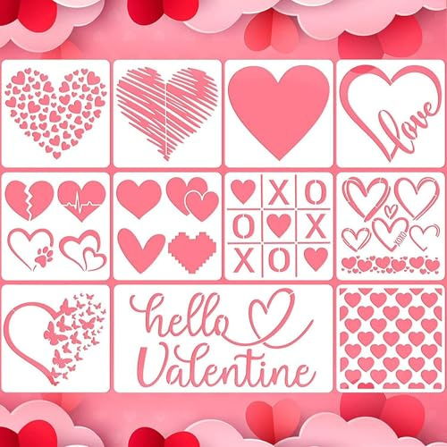 11 Piezas Día de San Valentín Stencil, Valentín Dibujo Plantillas de Pintura para San Valentín Pintura sobre madera Sobres DIY Artesanía Decoración Suministros（20x20cm）