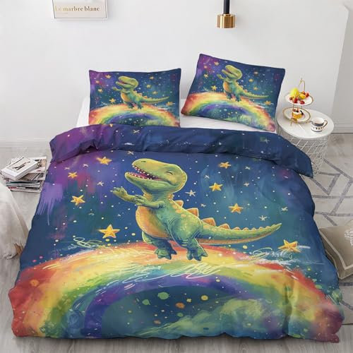 QBIDCSX Bettwäsche 135x200 GrüNer Dinosaurier Kinderbettwäsche Bettwäsche Set für Kinder Mädchen, Weiche und Angenehme Mikrofaser Bettbezüge 135x200 cm mit Reißverschluss + 2 Kissenbezug 80x80 cm