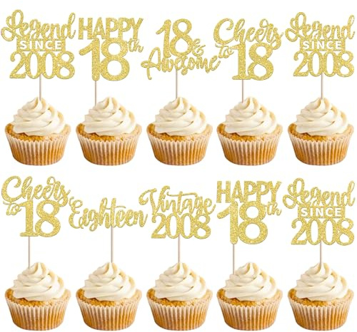 Xsstarmi 24 Pack Legend Since 2008 Cupcake Toppers Gold Glitter Vintage 2008 Cupcake Picks Cheers to 18 Awesome Eighteen Cake Decorations for Hello 18 Fabulous Happy 18th Birthday Party Supplies