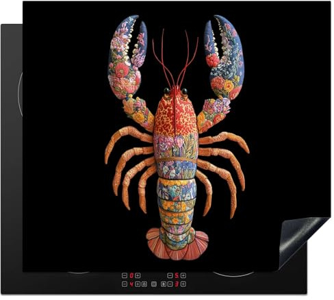 KitchenYeah© Herdabdeckplatte Einteilig Abdeckplatten Cerankochfeld | 60x52 cm - Abdeckung Ceranfeld Herdplattenabdeckung Induktionsmatte Hummer - Stickerei - Bunt - Blumen