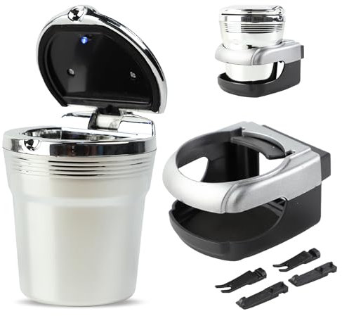 Kytpyi Posacenere Auto, Portatile A Prova di Odore Portacenere con Coperchio, Luce LED e 1 Supporto Portacenere per Auto (Argento)