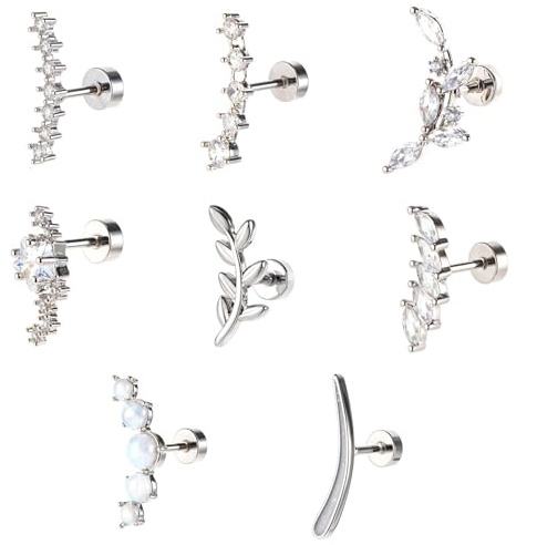 HJZHII Helix Piercing Earrings, 16G Cartilage Tragus Ear Jewellery Stainless Steel Flat Back Earring Stud Rhinestones(8)