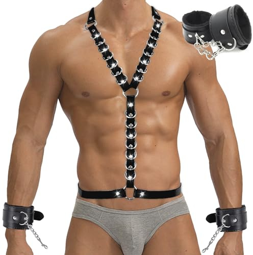 BDSMYOU Herren Punk Body Brust Harness Männer Leder Geschirr Einstellbar mit Handschellen Sex Bett,Gothic Kleidung Damen Herren Kostüme,Sexy Unterwäsche für Frau Mann,Sissy Dessous Männer BDSM Set