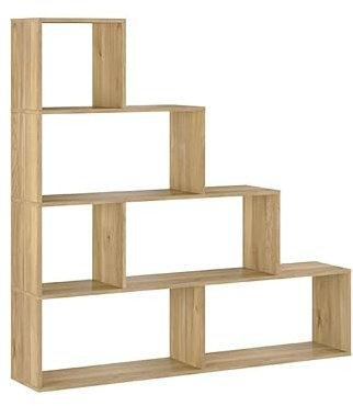 amuéblate online - Estantería Salón Asimétrica Escalera, Libreria, Separador Ambientes, Modelo Alaska, Color Roble Miel, 136 cm (Ancho) x 140 cm (Altura) x 25 cm (Fondo)