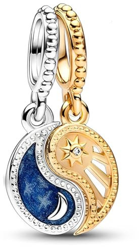 NJCXOLA Charm Donna Ciondoli Charms Sole Luna Argento Sterling 925 Zirconia Cubica Ciondolo Compatibile Bracciale Pendenti Regalo Compleanno Festa per Bambine Mamma, Oro Blu