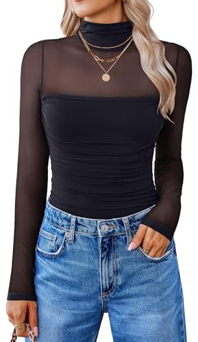 Avidlove Top Sexy da Donna in Pizzo e Rete Festival Body Elegante Dolcevita Camicetta Manica Lunga Top da Festa Rave Abbigliamento da Club Nero L