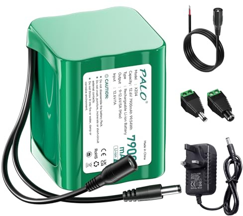 Palogreen 12.6V 7900mAh DC battery with charger For 12V, connection cable, mains adapter and car mains adapter, for LED lighting strip, MP3 player, router, DIY, drones, fishing lights, radio...