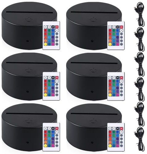 6 Stück 3D LED Nachtlicht Lichtsockel, 85*38mm LED Sockel mit Fernbedienung und USB-Kabel, Einstellbarer 16 Farben LED Sockel für Acrylglas, Dekoration Lampe für Room Shop Restaurant, Schwarz