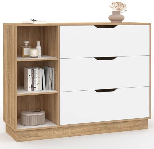 IDMarket - Commode 3 tiroirs et 3 niches OXANA hêtre et Blanc