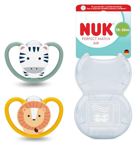 NUK Perfect Match Air nappflasknappar | 18-36 månader | Ortodontiska nappar som främjar luftflöde och förhindrar dregelutslag | 95% acceptans hos barn** | Lejon & Zebra | 2 stycken