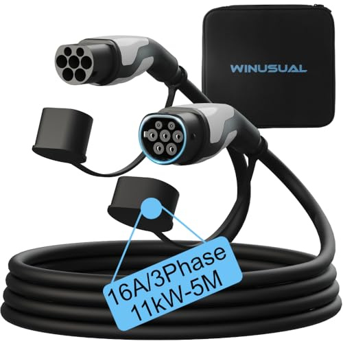 WINUSUAL Câble de charge de type 2, 16 A, triphasé, 11 kW, 5 m, câble de charge pour voiture électrique de type 2, pour EV/PHEV, avec sac de transport et chiffon en microfibre des deux côtés