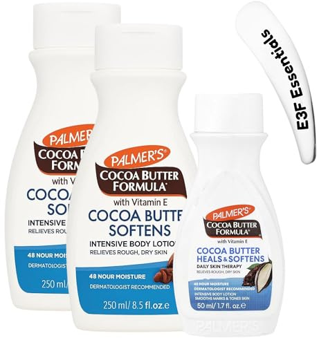Palmer's Cocoa Butter Body Lotion (2x 250ml + 1x 50ml), with E3F Essentials Cosmetic Spatula | Palmer’s Cocoa Butter for Dry Skin, Tattoos, Stretch Marks | Travel Moisturiser | Nourishing Body Lotion