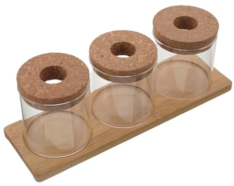 TOYANDONA Ensemble de 3 Vases Hydroponiques en Verre 8X8 CM avec Couvercle Perforé et Support Bois Pots pour Plantes Succulentes Station de Propagation pour Micro-Paysage Bureau et