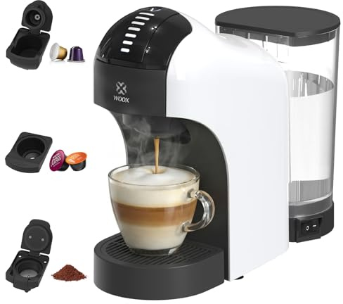 Woox Cafetera Cápsulas, 20 bares de presión, 1400W potencia, Compacta, Apta para Café Molido, Dolce Gusto, Nespresso y K-fee, Depósito Extraíble de 850ml, Apagado Automático