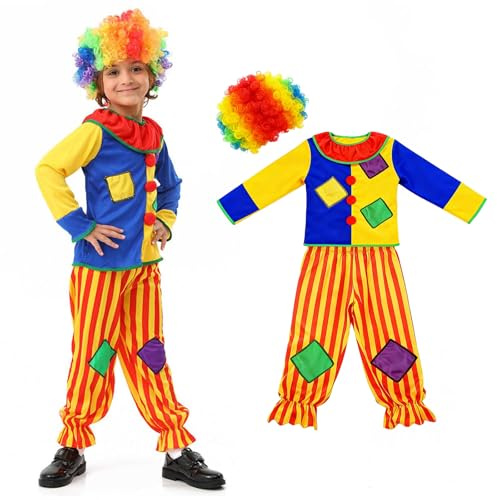 CEWIFO Disfraz de payaso para niños, disfraz de payaso de circo con peluca, parte superior, pantalones, carnaval, espectáculo de circo, accesorio de disfraz para juegos de rol, rojo, 4-6 años