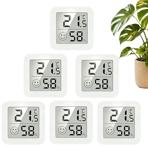 6 Stück Mini Hygrometer Digital, Hygrometer Innen mit Smiley-Indikator, Wireless Präzision Hydrometer, Freistehend LCD für Haus Schule Weinkeller Gewächshaus Keller Lager (Weiß)