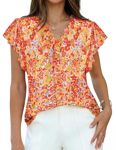 GRACE KARIN Chemisiers d'été pour femme - Léger - Col en V - Volants - Manches courtes - Élégant - Tunique florale - Chemisier à volants pour fête festive, Orange, L