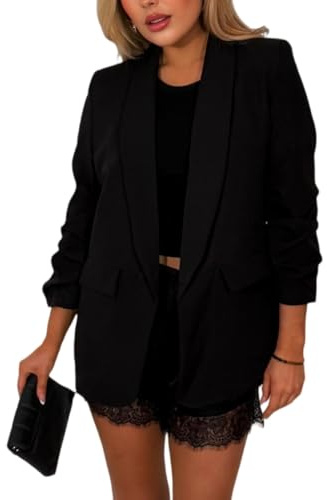 Blazer Donna Blazer da Donna con Maniche Arricciate A 3/4 E Collo A Scialle Giacche Leggere da Abito Cardigan Aperti sul Davanti Casual da Lavoro da Ufficio Primavera Autunno Moda Capispalla Nero S