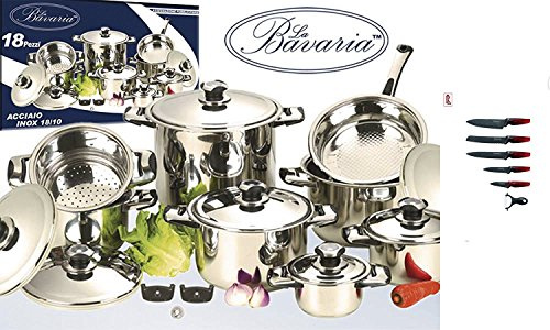 Euroricami Viterbo Batteria di Pentole Bavaria 23 Pezzi in Acciaio Inox 18/10 con Set di 5 coltelli