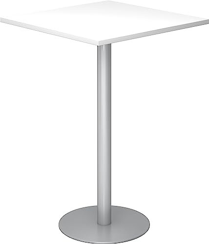 bümö Stehtisch Büro, Bistrotisch eckig 80 x 80 cm - Bartisch Weiss, Stehtisch Holz-Platte, Säule aus Metall in Silber, Buffettisch, Säulentisch, Partytisch, Thekentisch, Hochtisch, Barmöbel