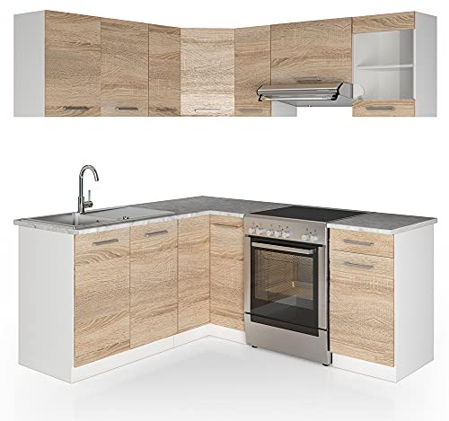 Vicco Cucina ad angolo Rick, Sonoma/Bianco, 187 x 167 cm, PL Marmo, con elementi modulari espandibili per una pianificazione flessibile della cucina