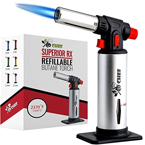 Jo Chef Butane Torch Lighter, Cooking Torch - Refillable Adjustable Flame Lighter with Safety Lock for BBQ, Baking, Brulee Creme, DIY + FREE Recipe eBook